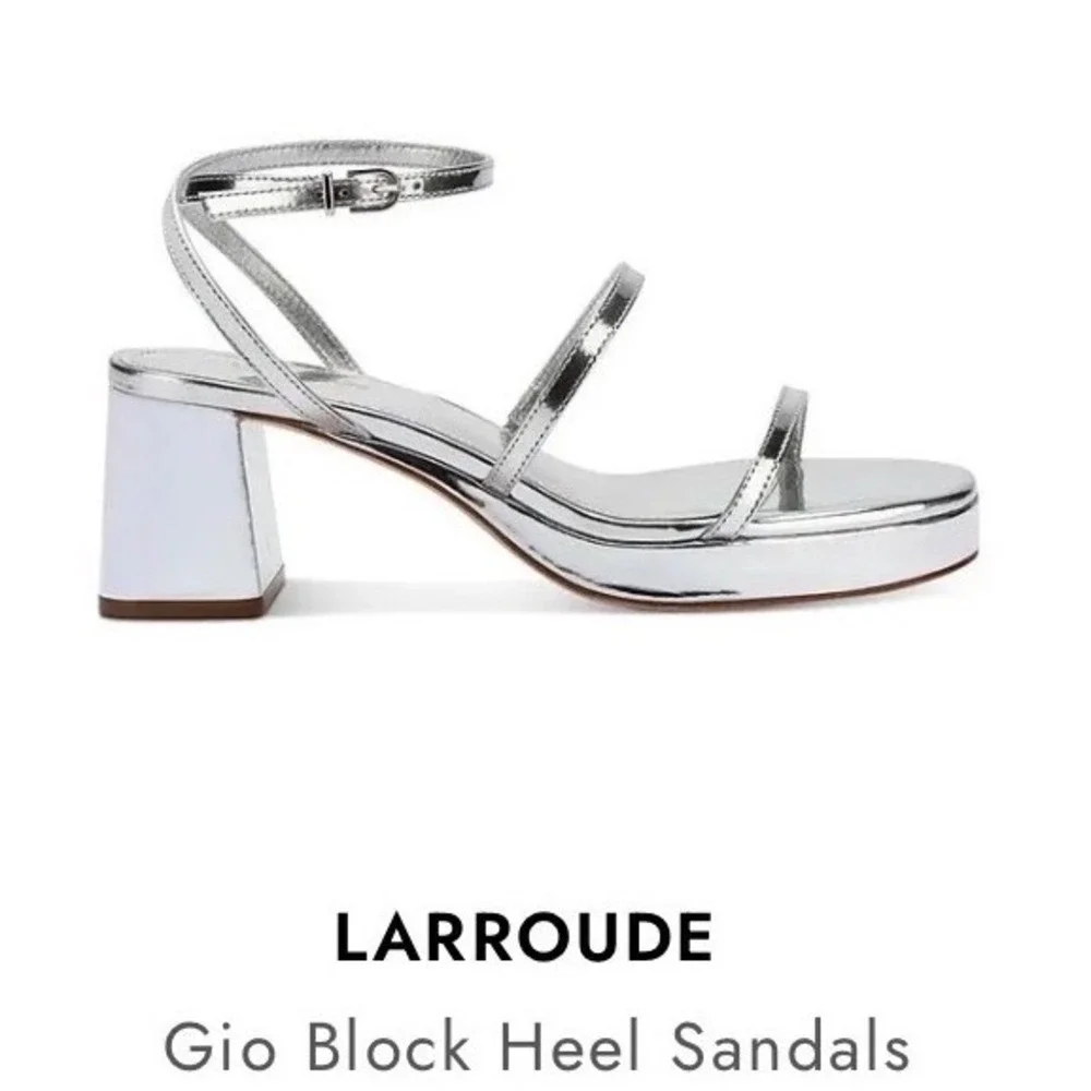 Larroude Gio Silver Metallic Platform Block Heel Strappy Sandals Evening Mirror